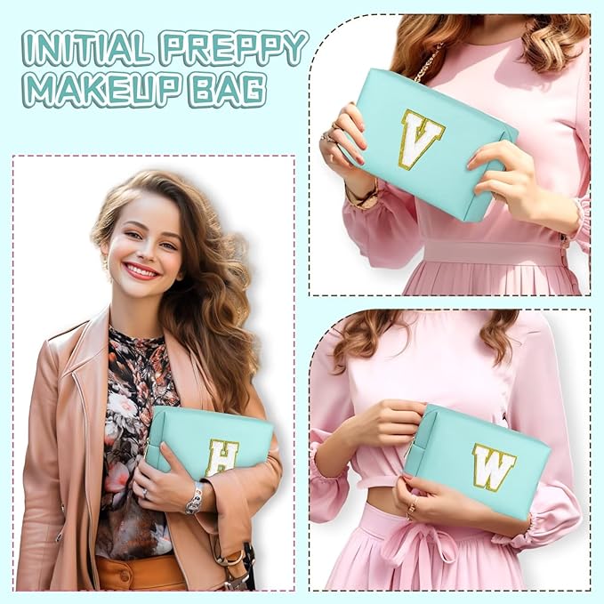 TOPEAST Travel Makeup Bag, Personalized Initial Toiletry Bag w Zipper, Cute Makeup Pouch, PU Leather Waterproof Cosmetic Bag, Birthday Gift for Daughter, Preppy Things for Girls (Blue G)
