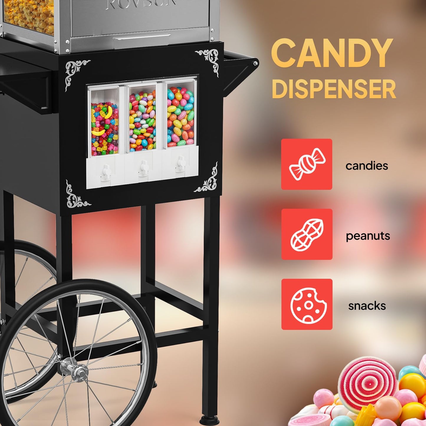 ROVSUN Popcorn Machine Cart with Candy Dispenser, 10 Oz Kettle Makes Up to 4 Gallons ETL, Popcorn Maker w/Scoop, Oil Spoon, Bags & Cups, Movie Theater Style Popper for Commercial Home Party, Black