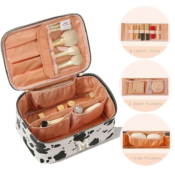 Meiyuuo Makeup Bag Large Cosmetic Bags for Women Girls Cute Travel Zipper Pouch Toiletry Organizer for Beauty Essentials Waterproof (Cow Print Initial Letter M)