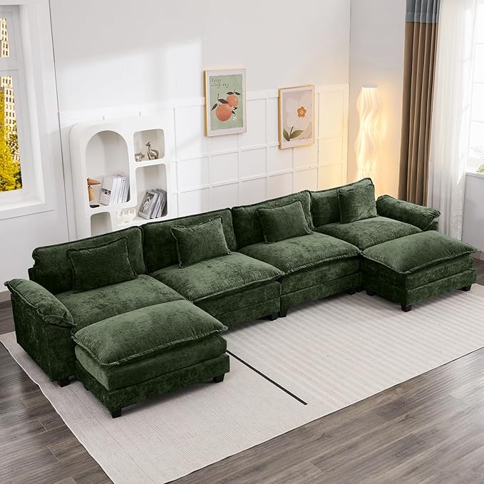 Oprisen 154" Modular Sectional Sofa, Comfy Cloud Couch Sectional Sofa with Ottoman, Chenille Sofa Sleeper Deep Seat Sofa with Throw Pillows for Living Room (Green, 154"- U Shape)