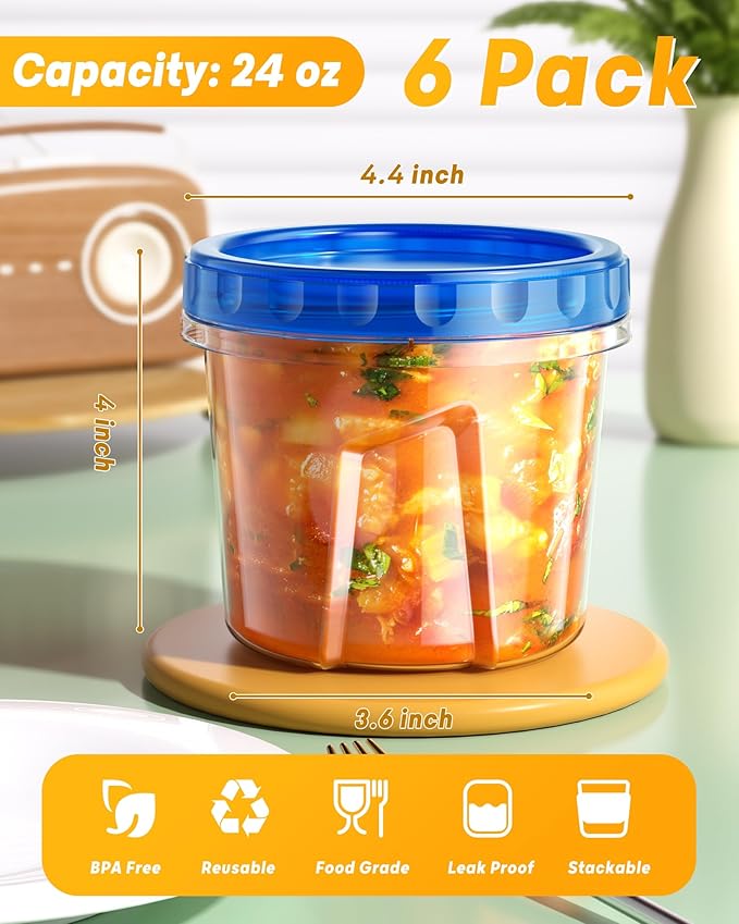 6 Pack-24 oz Freezer Storage Containers, Plastic Food Storage Containers with Twist Top Lids, BPA Free and Reusable Soup Containers with Lids, Leakproof/Microwave/Dishwasher Safe