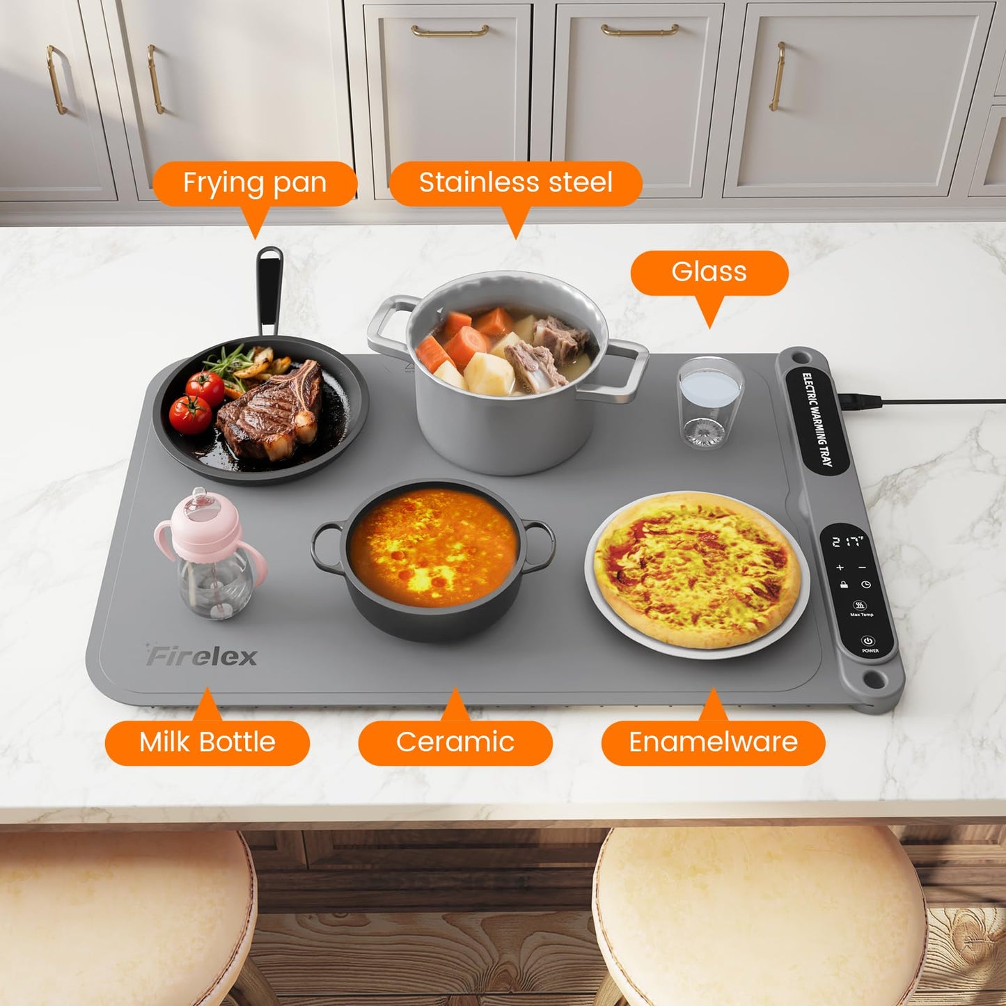 Firelex Food Warming Mat for Buffet, Silicone Food Warming Mat with Timer & 7-Temp Settings, 8s Fast Heat, Keep Food Warm for Party, Family Dinners, Gray