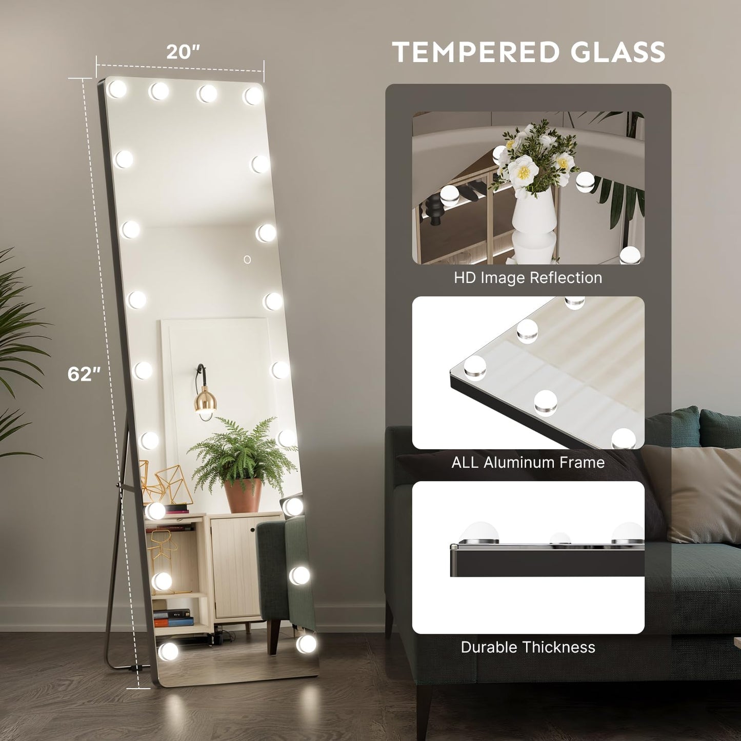 Kosmonia 62x20 Hollywood Full Length Mirror with Light, 20 Dimmable Bulbs & 3 Color Smart Touch Control, Distortion Free, Tempered Glass, Safe Full Body Mirrors with Stand