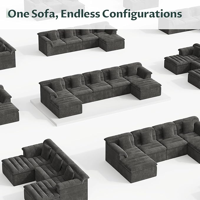 SUNG7 142" Modular Sofa with Ottoman, Boneless Cloud Couch with Deep Seat, Comfy U-Shape Corduroy Couches for Living Room, No Assembly Required, Dark Gray