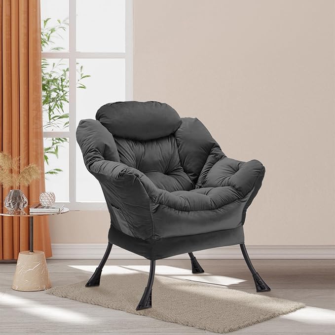 Youtanic Lazy Chair Thick Padded, Comfy Velvet Accent Lounge Chair with Stable Frame, Leisure Sofa Armchair with Armrests and Side Pocket, Reading Chair for Bedroom, Living Room, Office, Charcoal