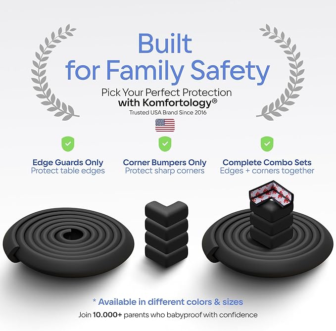 Baby Proof Corners & 15ft Edges with Furniture Corner & Edge Safety Bumpers, Impact-Absorbent Bumper & 4 Foam Corner Protectors, Cushy, Thick, Odorless Table Edge Protectors for Baby, Child | Black