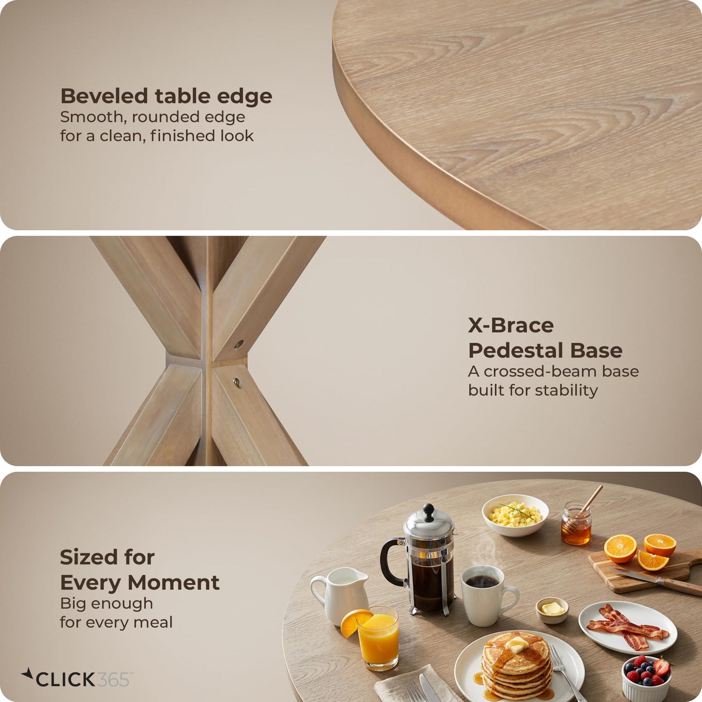 Click365 Alfred Round Solid Wood Rustic Dining Table for Farmhouse Kitchen Room Decor, Wooden Trestle Pedestal Base, 46.5" Wide Circular Tabletop, Distressed Beige