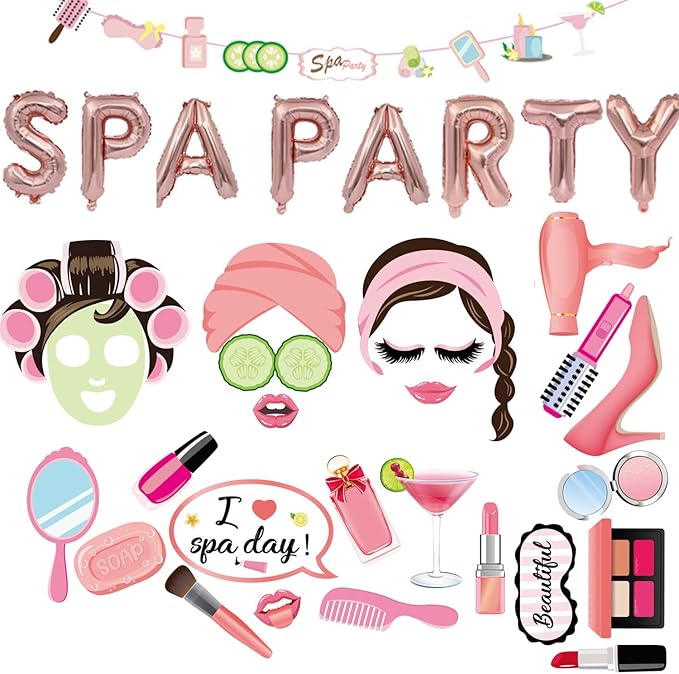 34 Pcs Spa Party Supplies, 25 Pcs Spa Party Photo Booth Props with Sticks 16 inch Aluminum Foil Balloons Banner for Girls ...