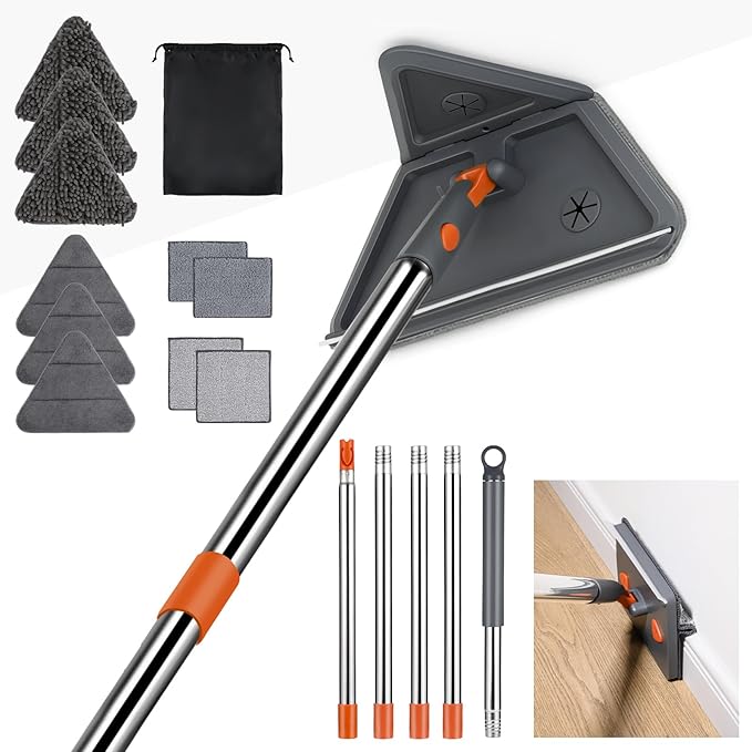 Baseboard Cleaner Tool with 84" Long Handle, 360° Wall Mop with Triangle & Rectangle Heads & 8 Reusable Pads for Baseboard, Wall, Ceiling Cleaning