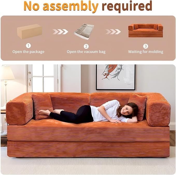 Kelyda 79 Inch Convertible Sofa Bed Couch in Box, 5 in 1 Folding Modular Boneless Couch with Pull Out Bed 2 Pillows, Soft Corduroy Floor Futon Lounge Loveseat Sleeper Lazy Cama No Assembly Orange