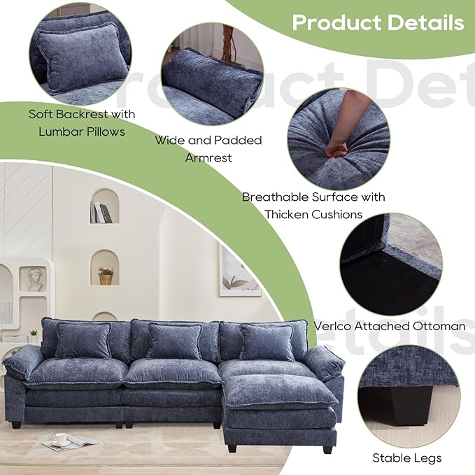 Oprisen 120" Modular Sectional Sofa, Comfy Cloud Couch Sectional Sofa with Ottoman, Chenille Sofa Sleeper Deep Seat Sofa with Throw Pillows for Living Room (Blue, 120"- L Shape)