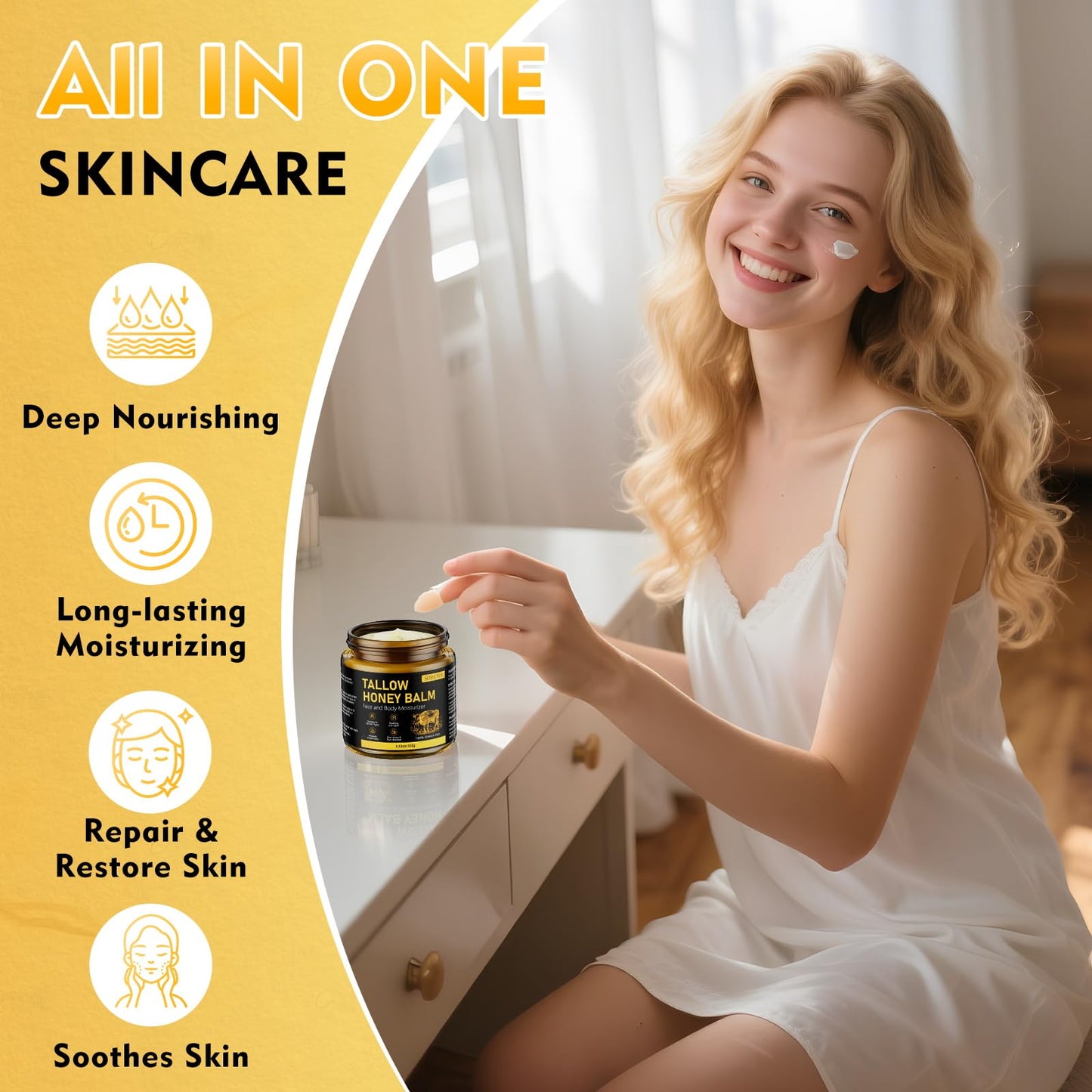 Liventhrall Organic Beef Tallow Honey Balm for Skin, Body & Face Moisturizer, Whipped Grass Fed Cow Tallow Cream with Raw Honey,