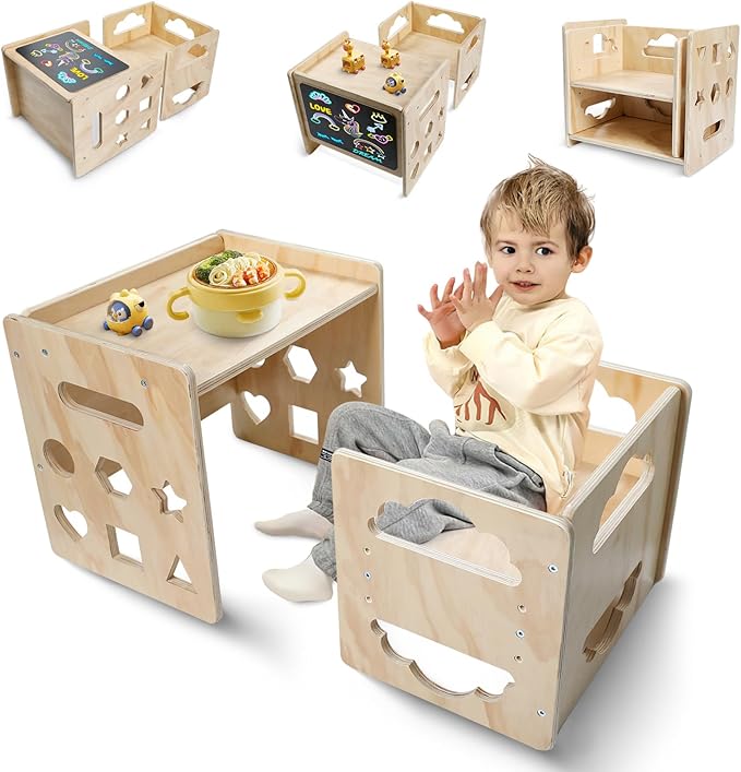 Satisure Montessori Weaning Table and Chair Set, Wooden Toddler Table and Chair Set, 1-3 Age Kids Table and Chairs with Bl...