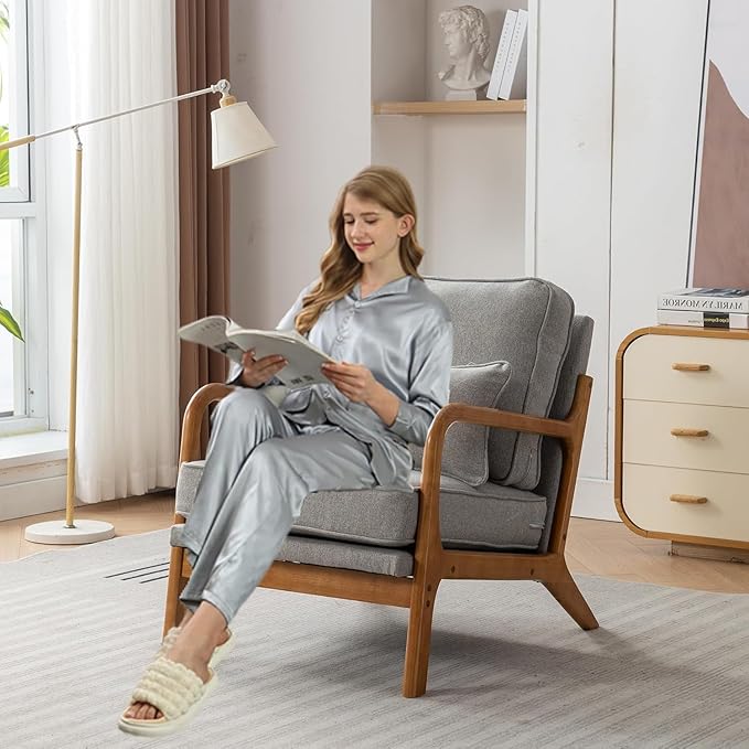 Mid-Century Accent Chair Set of 2, Linen Fabric Lounge Chair with Wide Armrest,13-16.5'' Low Seat Height Armchair with Lumbar Pillow & Solid Wood Frame for Living Room, Bedroom, Balcony(Light Gray)