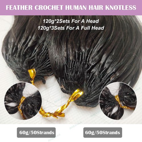 RHEANNA Feather Crochet Human Hair Extensions Wet and Wavy Knotless Pre-Separated Crochet Hair Extensions Human Hair With String In The Middle Braid 18inch 60g