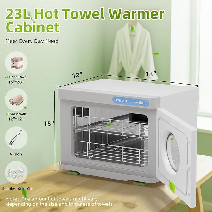 23L Hot Towel Warmer Cabinet with See Through Window.Professional Towel Heater for SPA Facials Massage Salon with 2 Stainless Steel Racks,White