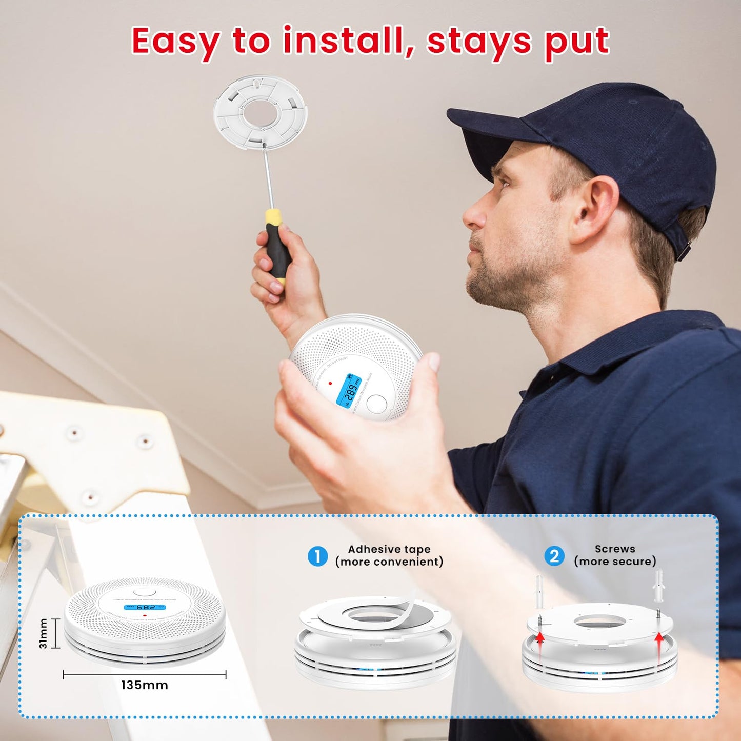Alertlink 2-in-1 Smoke and Carbon Monoxide Detector Alarm, with Voice Alert,10-Year Battery Fire & CO Alarm with Large LCD Display, Easy Install with Adhesive or Screws