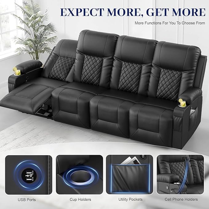 FURNIMAT Oversized Recliner Sofa Set with 4+1+1 Pieces in Living Room, 4 Seater Reclining Sofawith USB Ports, Cell Phone Holders, 2 Recliner Chairs with Vibration Massage and Heat Single Sofa Seat