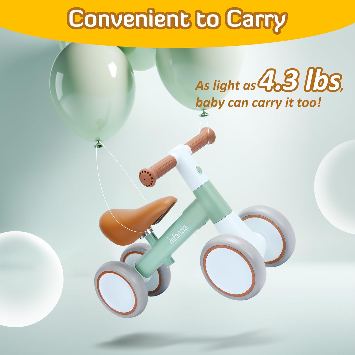 INFANZIA Baby Balance Bike for 12-36 Month Boys Girls, 1 Year Old Toddler First Bike No Pedal with Adjustable Seat, Infant 4 Wheels Bicycle Ride On Toys Kids First Birthday Gifts (Green)