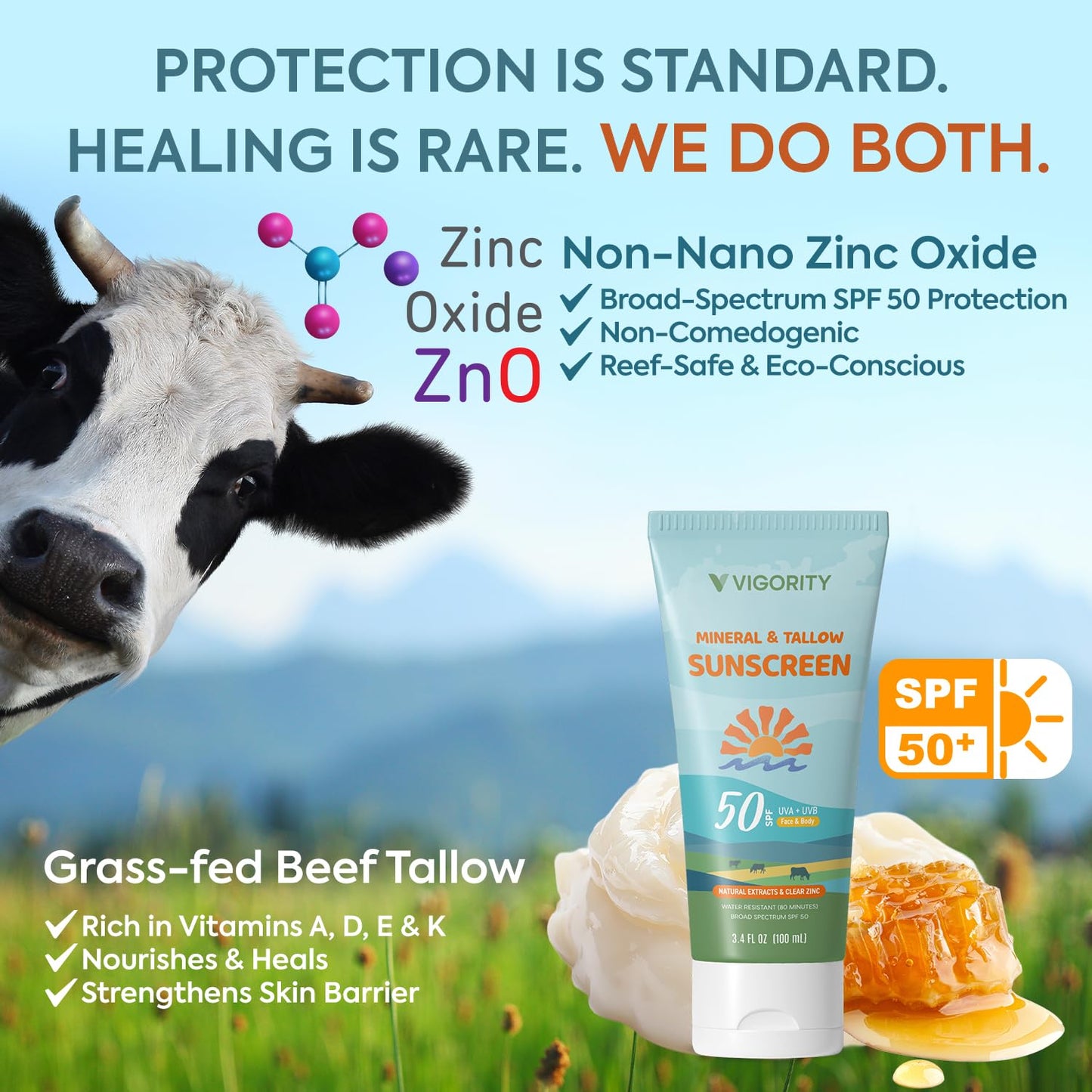 Beef Tallow Sunscreen with Zinc Oxide: Natural Non-Toxic SPF 50 Tallow Sunblock Cream for Face & Body - with 10 Food-Grade Botan