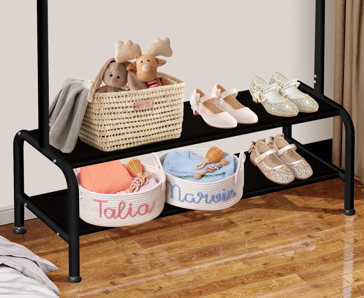 mirolam Kids Clothing Rack - Small Garment Rack - Small Kids Costume Wardrobe Rack with 2 Fabric Floors Storage Shelf - Mini Short Baby Toddler Clothes Rack