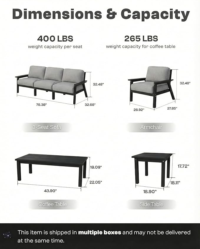 Patio Kingdom HDPE 7 Piece Patio Furniture Set, HDPE Outdoor Sectional with with Gray Thick Cushions, Coffee Table and Side Table, Patio Conversation Sets for Lawn, Garden, Porch (Black Frame)