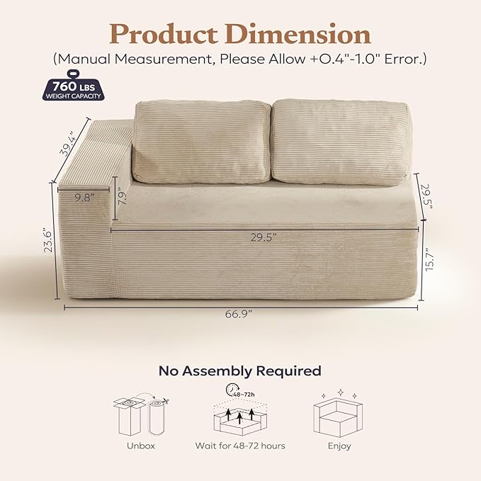 Furnify Loveseat Sofa, Cloud Modular Sofa Couch, Upholstered Floor Sofa with Deep Seat, Upholstered Foam Couch for Bedroom Living Room, No Assembly Required (Corduroy Fabric, Beige)