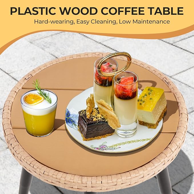 PORWEY 5 Piece Patio Bistro Set with Ottoman, Outdoor Wicker Apartment Balcony Furniture Sets, Rattan Table and Chairs Set of 2 for Porch Backyard Deck, Yellow,Beige