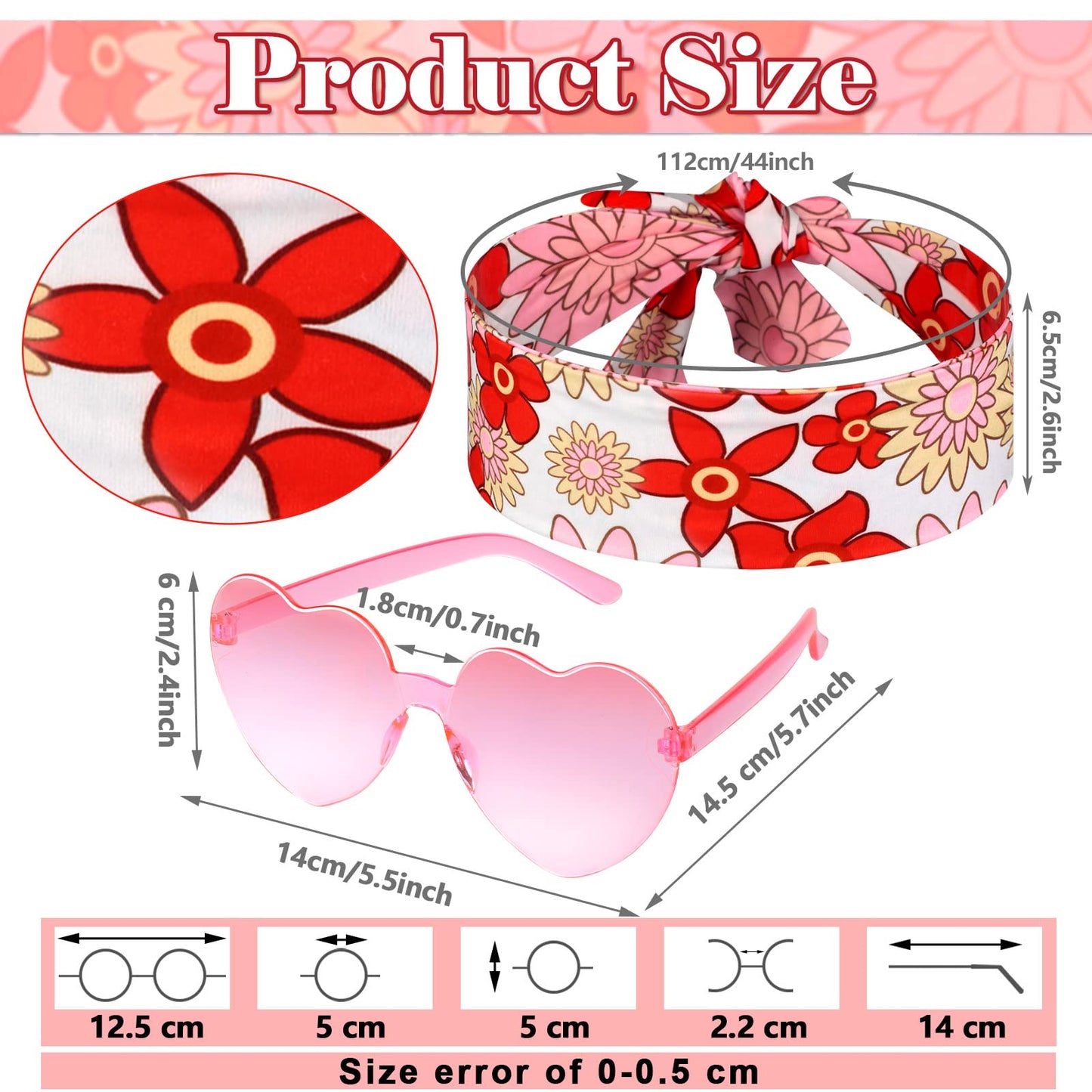Tisancy 3 Pcs 60s 70s Outfit for Women Hippie Costume Set Disco Flared Pants Groovy Outfit Party Accessories(M Size, Flower)