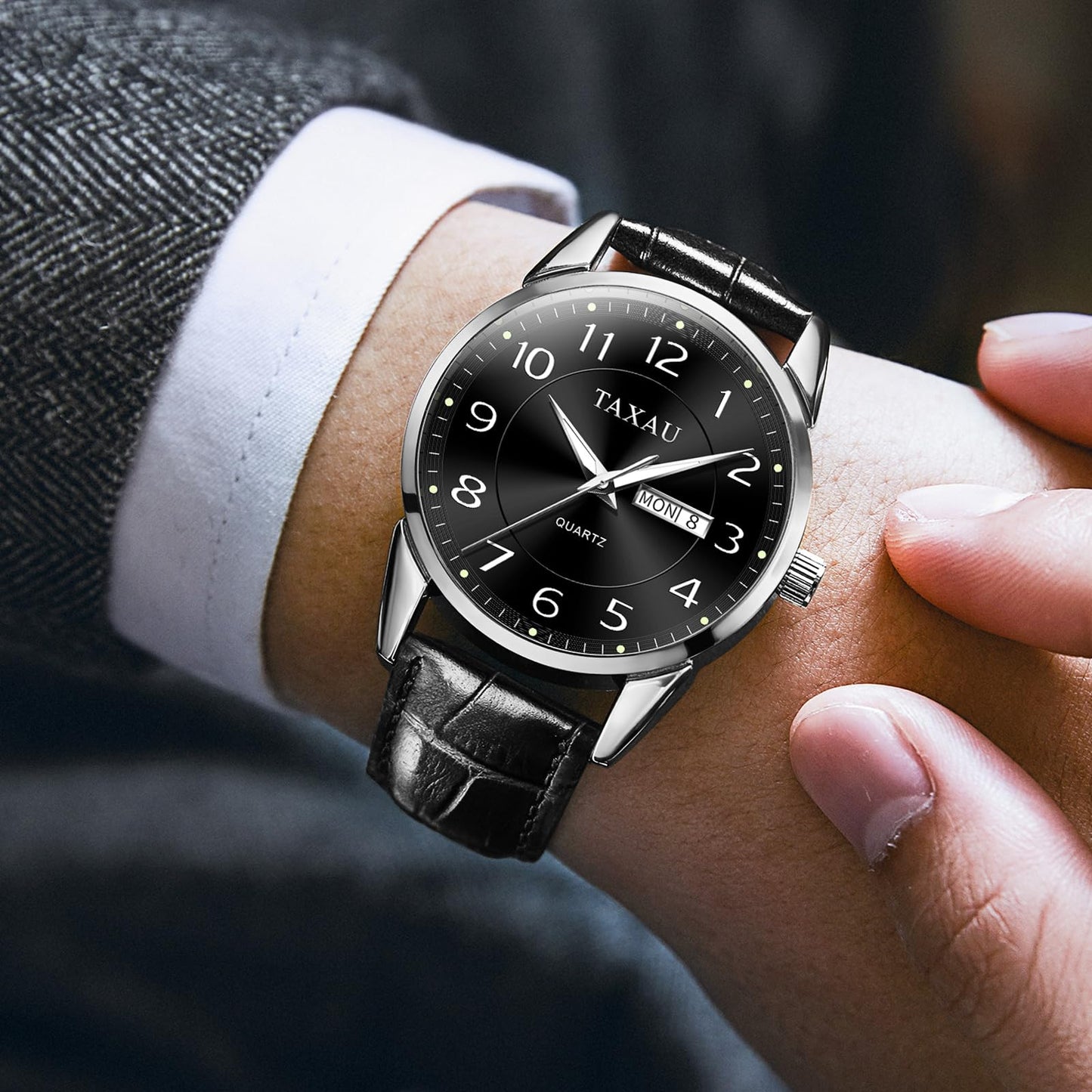 Taxau Men Leather Watch Dress Watches for Men Black Band Waterproof Mens Watch Analog Quartz Men's Wrist Watch with Date Day, Arabic Number, Water Resistant Luminous Large Face