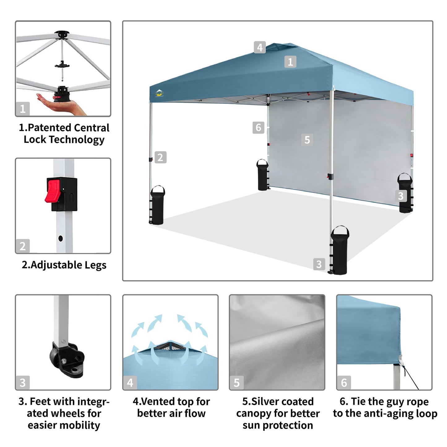 CROWN SHADES 10x10 Pop Up Canopy with 1 Side Wall - Beach Tent with One Push Setup - Outdoor Sun Shade for Events, Parties, Camping - Gazebo with STO-N-Go Cover Bag (Cyan Blue)