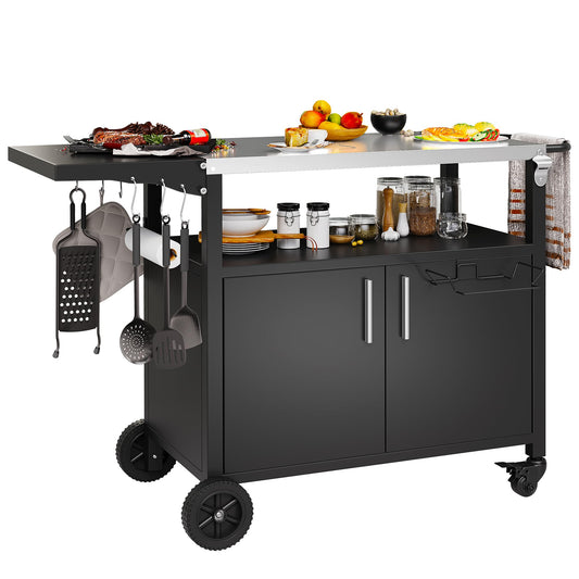 Shintenchi Outdoor Grill Cart Table with Stainless Steel Top for Kitchen Prep and BBQ, Outdoor Kitchen Island Table with Side Handle, Multifunctional Outdoor Grill Table, Black