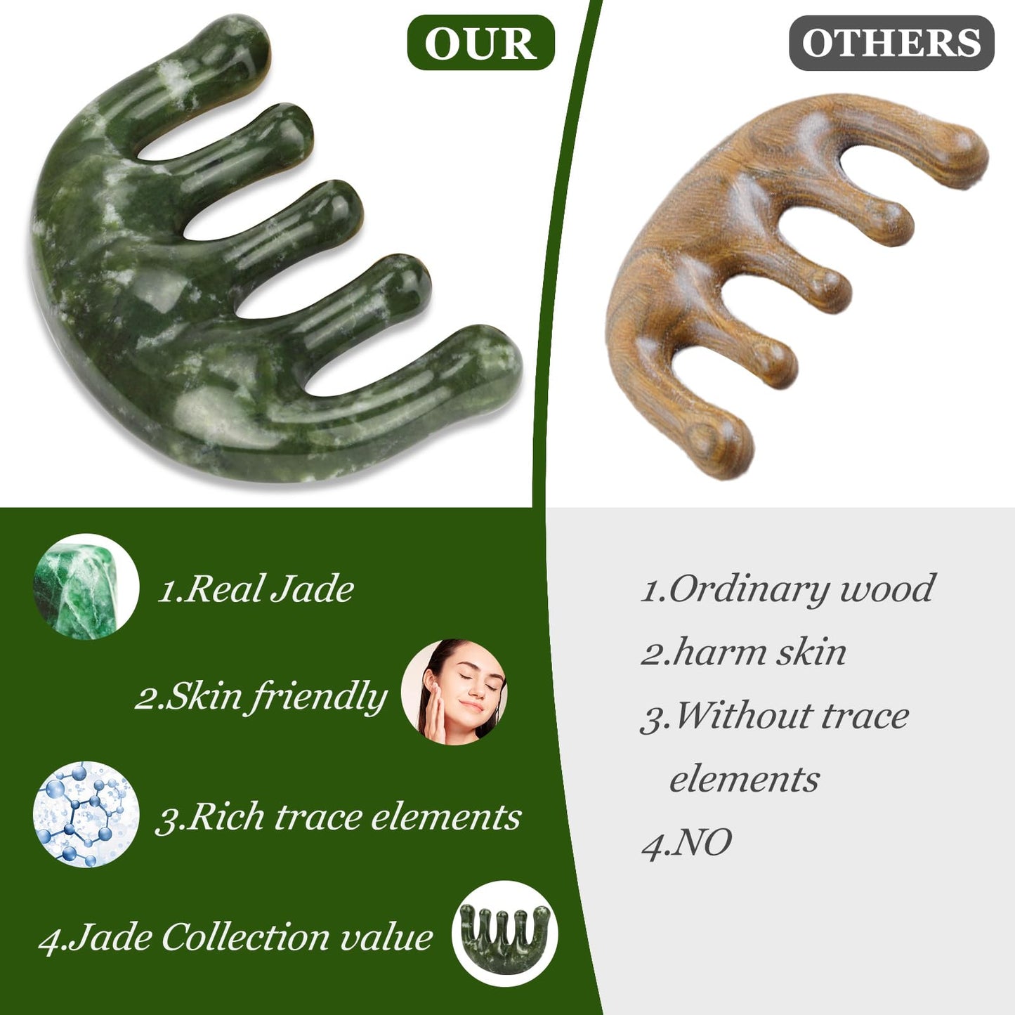 gemshan Head Scalp Massage - Jade Comb for Massager for Scalp Care Wide Tooth Comb