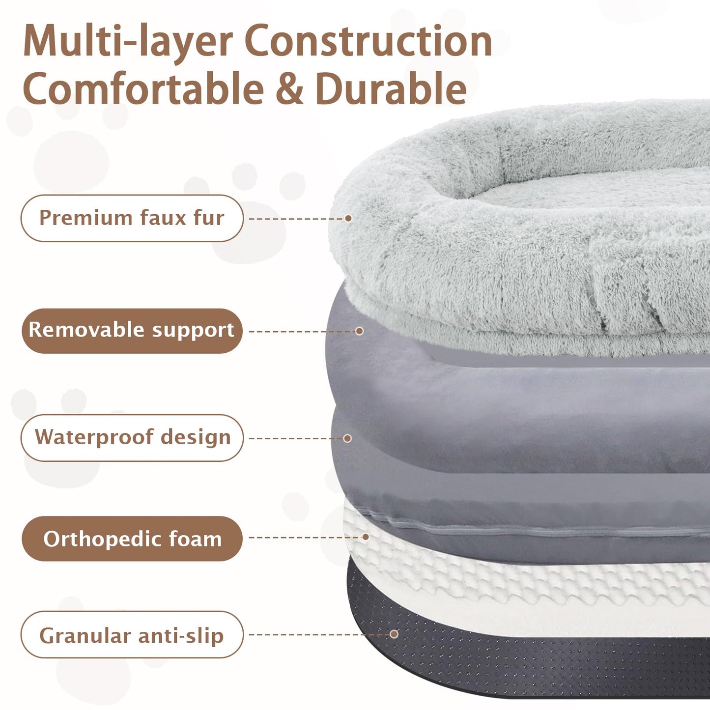 ROOMTEC Human Dog Bed, 71''x45''x12'' Size Fits Adult and Pet Washable Giant People Dog Bed 10 CM Thick Memory Foam Large Oversize Pet Bed with Plump Pillow, Blanket, Strap - Grey