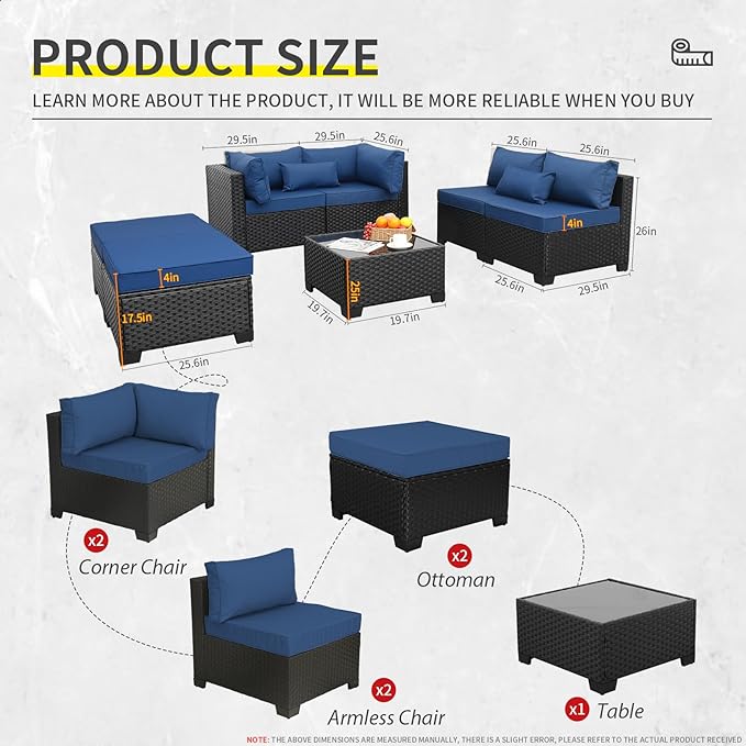 Lviden 7 Pieces Outdoor PE Wicker Furniture Set Patio Rattan Sectional Conversation Sofa Set with Navy Blue Cushions and Glass Top Table