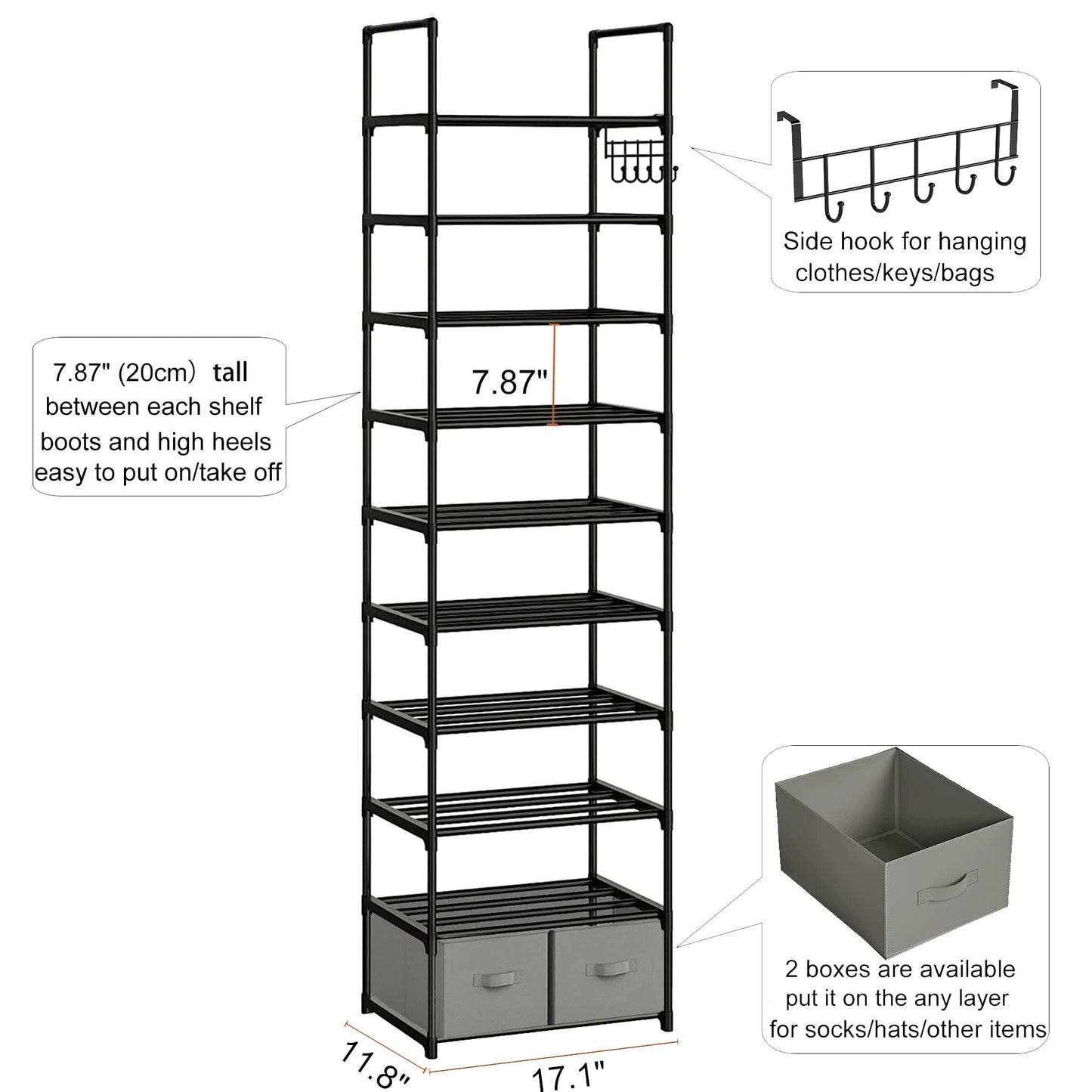 OYREL Tall Shoe Rack Narrow 10 Tier Shoes Rack 20 25 Pairs, Shoe Storage Organizer for Closet, Sturdy Metal Shoe Shelf Shoe Stand with 2 Boxes 1 Hook