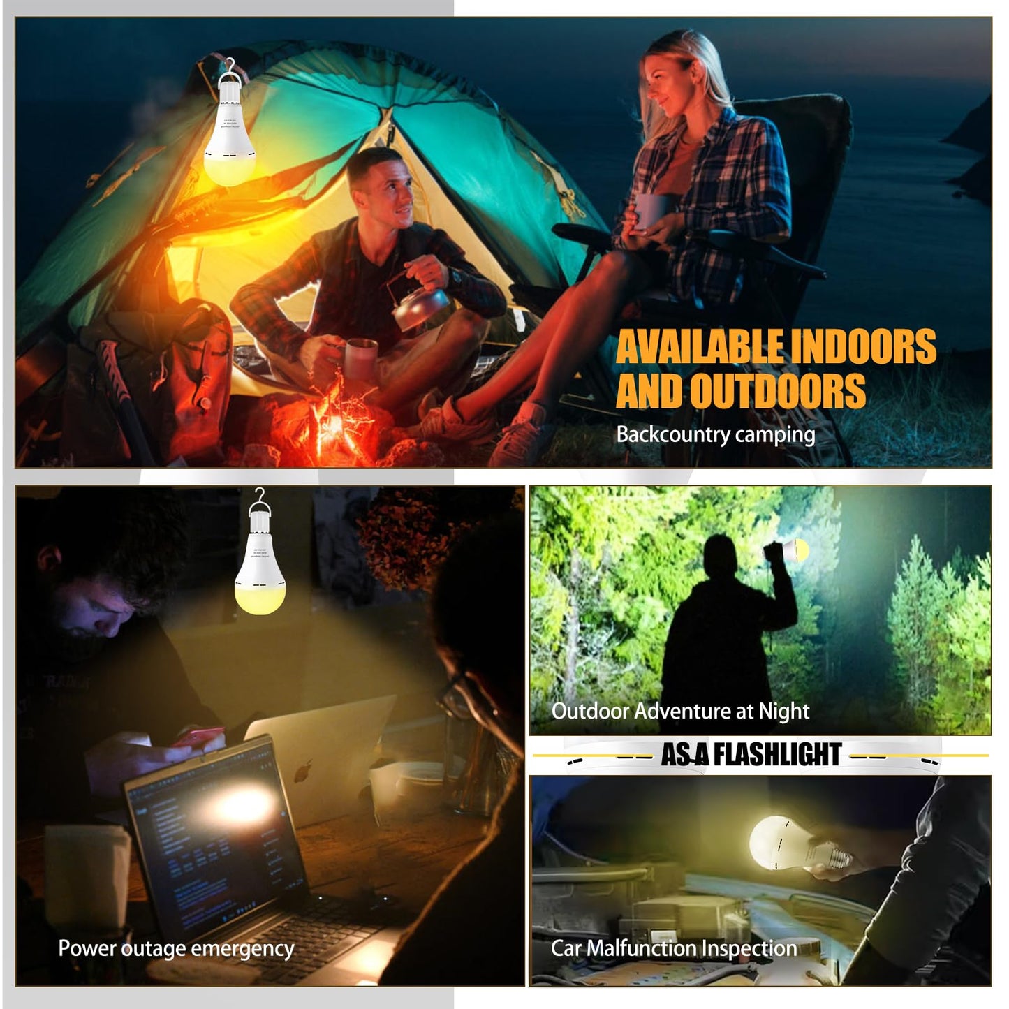 Emergency Rechargeable Light Bulbs 6 Pack, Keep Lighting When Power Failure, A21 9W 60W Equiv., Battery Operated Light Bulb with 1200mAh for Home Camping, Emergency Time 4-5 hrs(with Hook, Warm White)