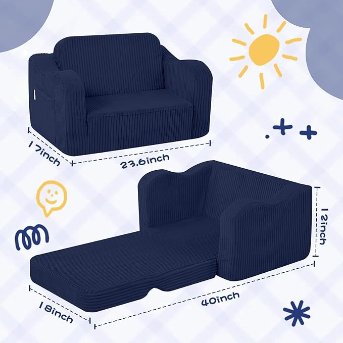MeMoreCool Toddler Corduroy Chair – 2-in-1 Foldable Sofa Bed, Navy | Ages 1–3, Lightweight & Compact, Washable Cover for Nursery & Travel