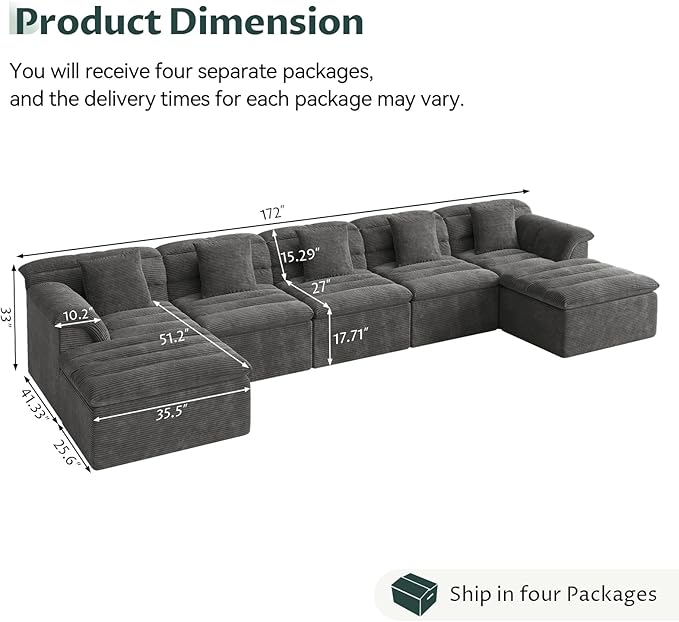 SUNG7 172" Modular Sofa with Ottoman, Boneless Cloud Couch with Deep Seat, Comfy U-Shape Corduroy Couches for Living Room, No Assembly Required, Dark Gray