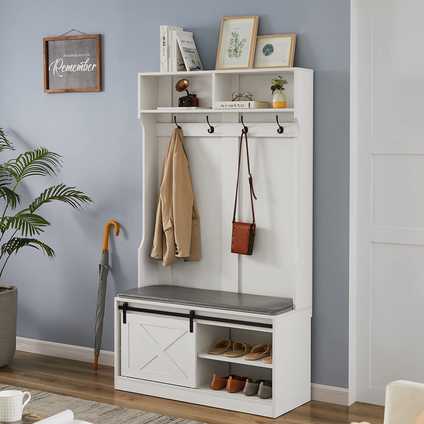 Betoko 71 Inch Entryway Bench with Sliding Barn Door, Hall Tree with Coat Rack and Storage Bench, Wood Coat Tree with Cushioned Stool and Hooks for Hallway, Living Room, Mudroom (White)