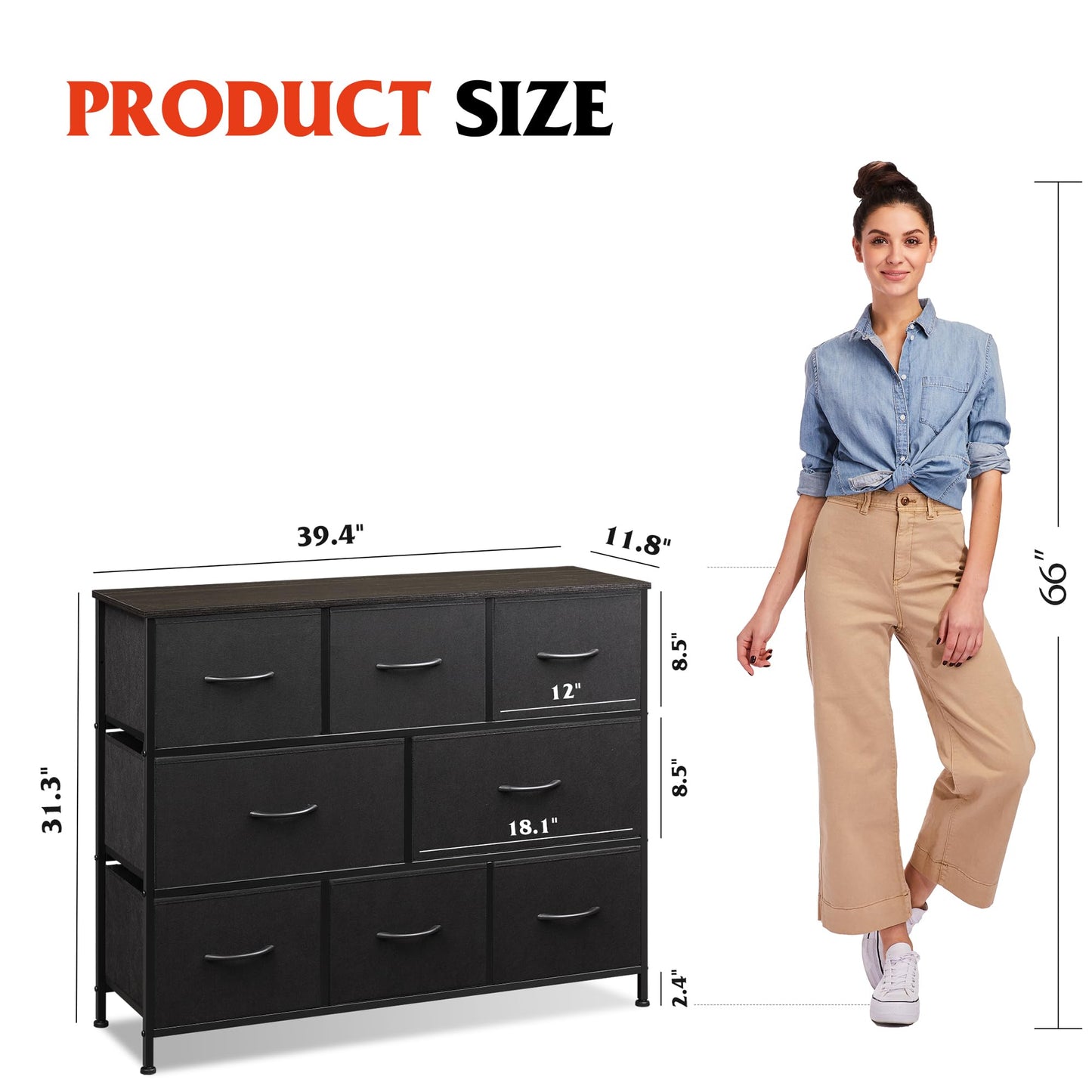 WLIVE 8 Drawer Dresser for Bedroom, Fabric Black Dresser with Large Storage Drawer Unit for Entryway, Chest of Drawers for Living Room