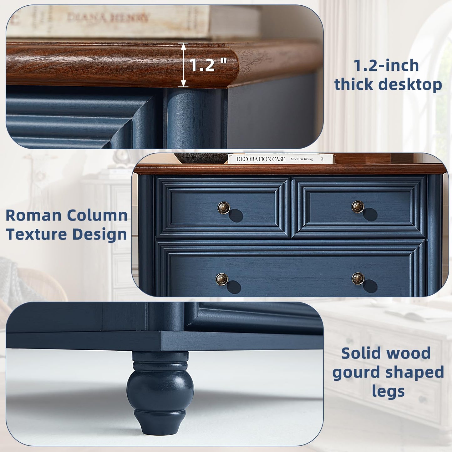 RWYHG Farmhouse 5 Drawer Dresser for Bedroom, 35.5" Tall Small Dressers & Chest of Drawers, Rustic Wood Dresser with Roman Column, Storage Organizer for Living Room, Hallway, Closet (Blue)
