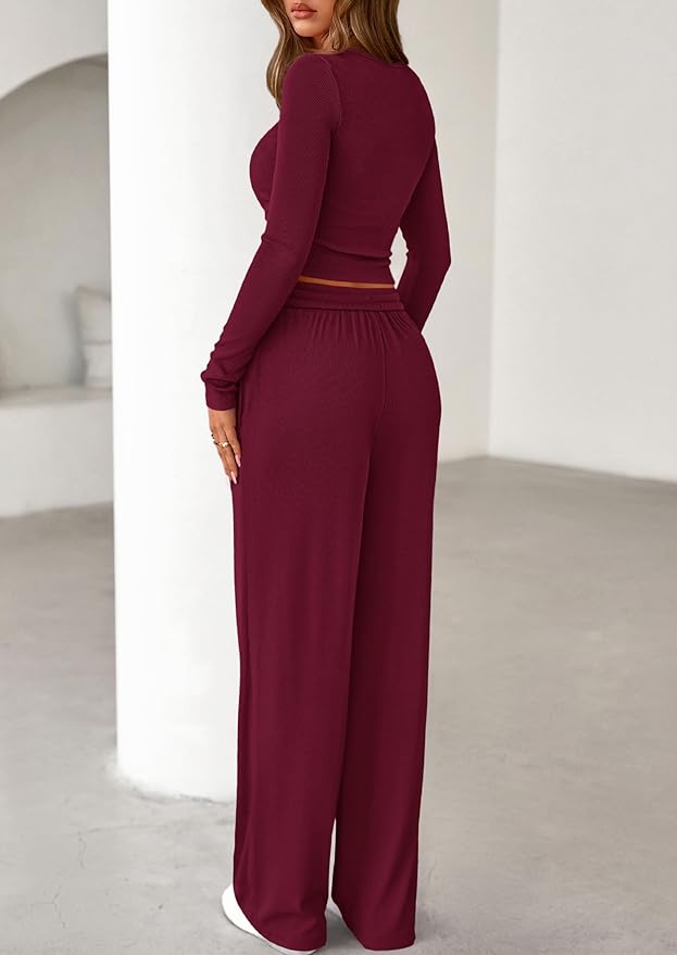 PRETTYGARDEN Women's 2026 Fall Trendy 2 Piece Outfits Lounge Sets Long Sleeve Top Henley Shirts Wide Leg Pants Travel Clothes