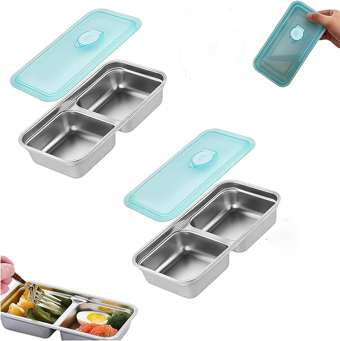 AJORR Grab and Go Stainless Steel Double Compartment Snack Containers, Reusable with Lids, Secure-Lid Lunch Box for Snack...