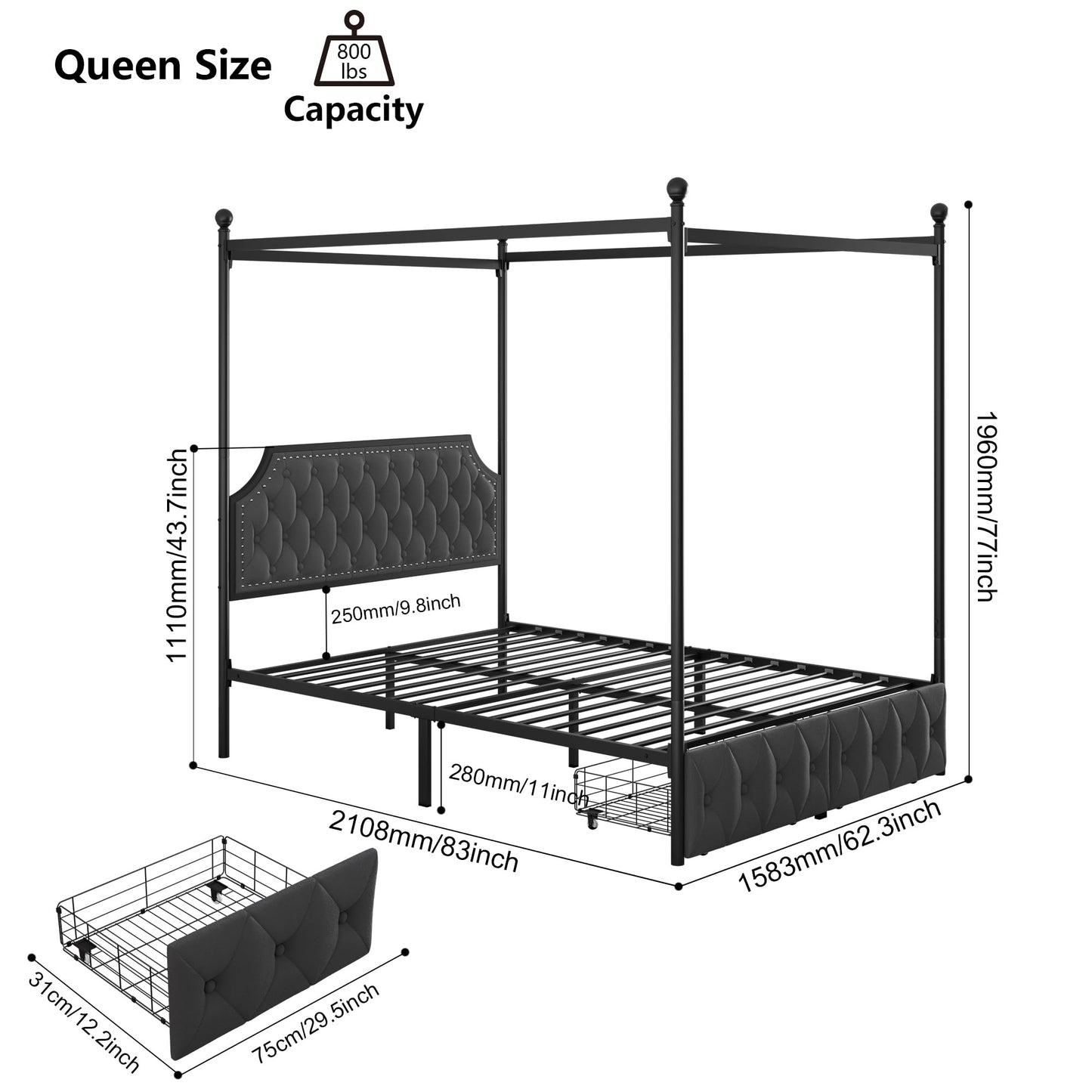 Keyluv Queen Upholstered Canopy Bed Frame with 2 Storage Drawers & Button Tufted Headboard, Metal Platform Bed with 4 Removable Posts, Two-Purpose Velvet Bed, Dark Grey/Curtain Not Included