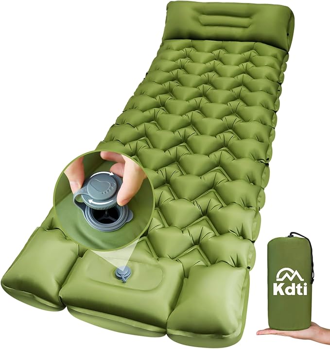 Kdti Camping Sleeping Pad with Pillow, Built-in Foot Pump Inflatable Sleeping Pad, Ultralight Air Mattress, Durable Waterp...