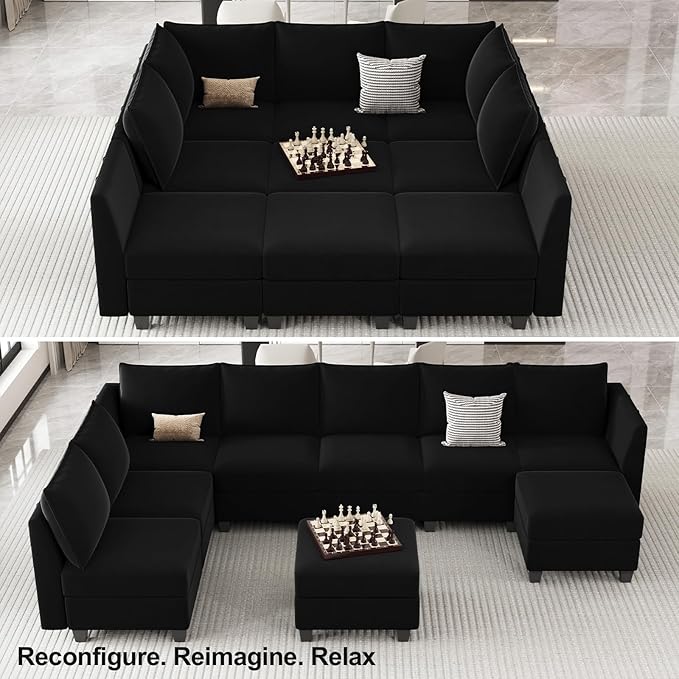 Belffin Large Modular Sectional Sofa Sleeper Couch with Storage Velvet Sectional Sofa Bed for Living Room, 9 Seats, Black