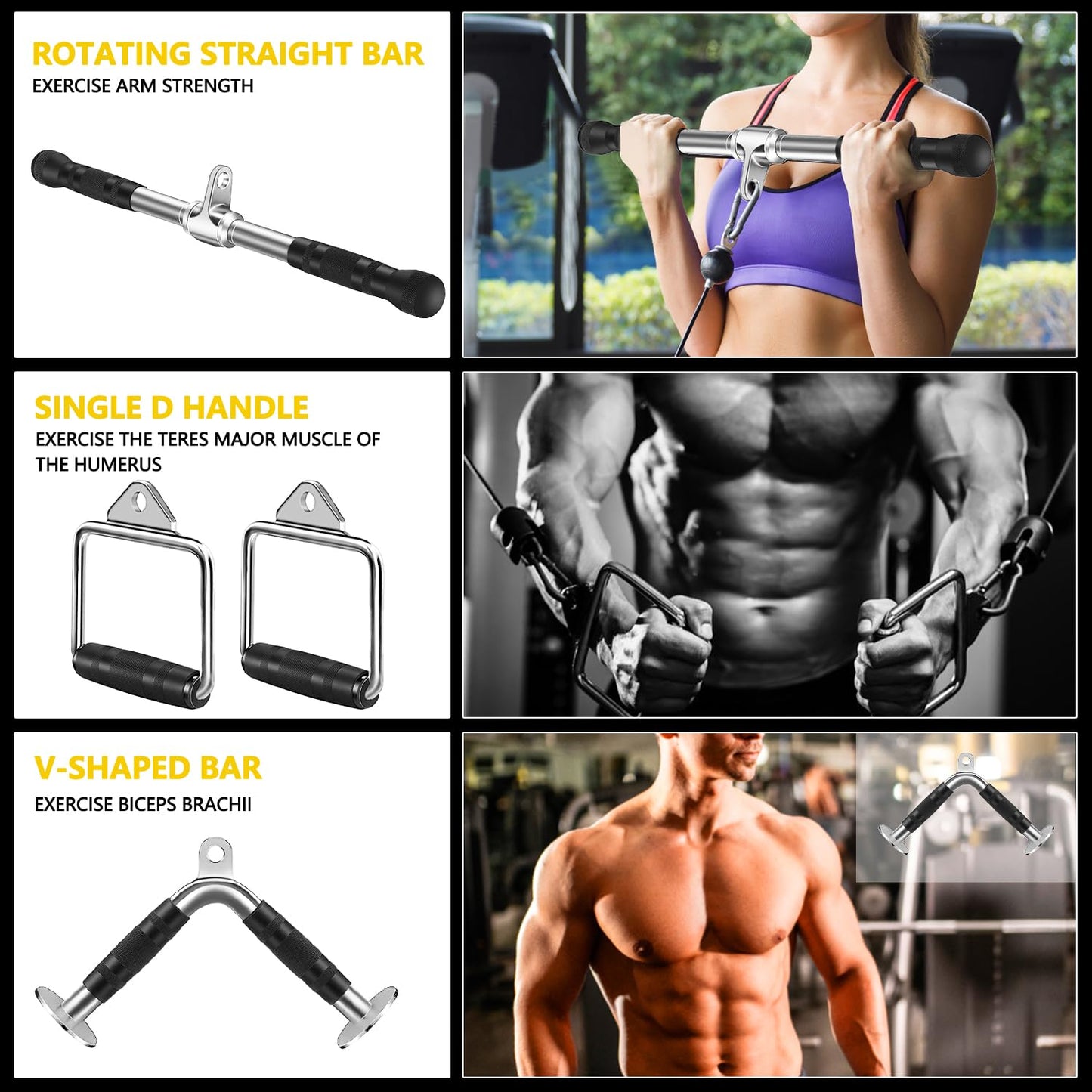 Cable Machine Attachment, LAT Pulldown Attachments, Home Gym Accessories, Triceps Pull Down Attachment (V Handle + Row Handle + Rotating Bar + Tricep Rope + Ankle Straps + D Handle + Curl LAT Bar)