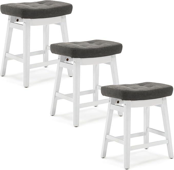 RNKSFX Counter Height Bar Stools Set of 3 for Kitchen Counter Farmhouse Modern Barstools with Faux Leather Upholstered Backless Seat and Solid Wood Legs 24 inch Bar Chairs, Grey + White