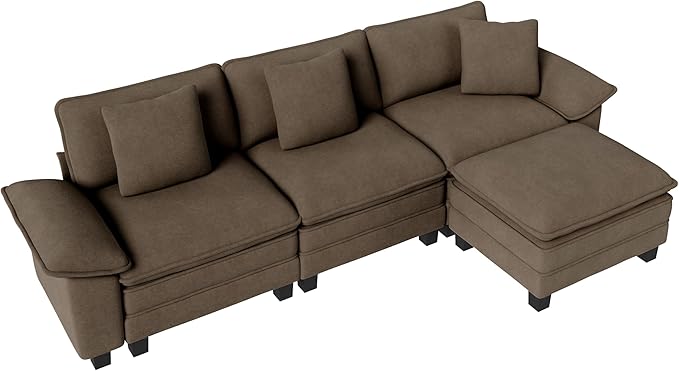 PHI VILLA Cloud Modular Couch Sets, 123.6" Sectional Sofa with L-Shaped Chaise, 4-Seater Upholstered Couches with Movable Ottoman for Living Room, Chenille Fabric, Taupe